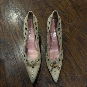 Prada Women's Beige Suede Eyelet Heels